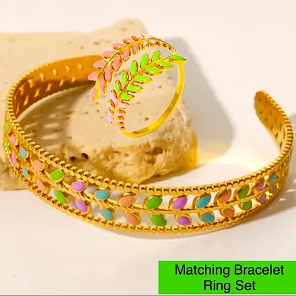 Gold Plated Leaf Design Multicolor Bangle Bracelet Ring Set - Picture 15 of 15